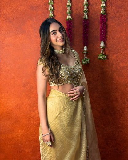 Gold tissue coins and ghungroo saree and blouse