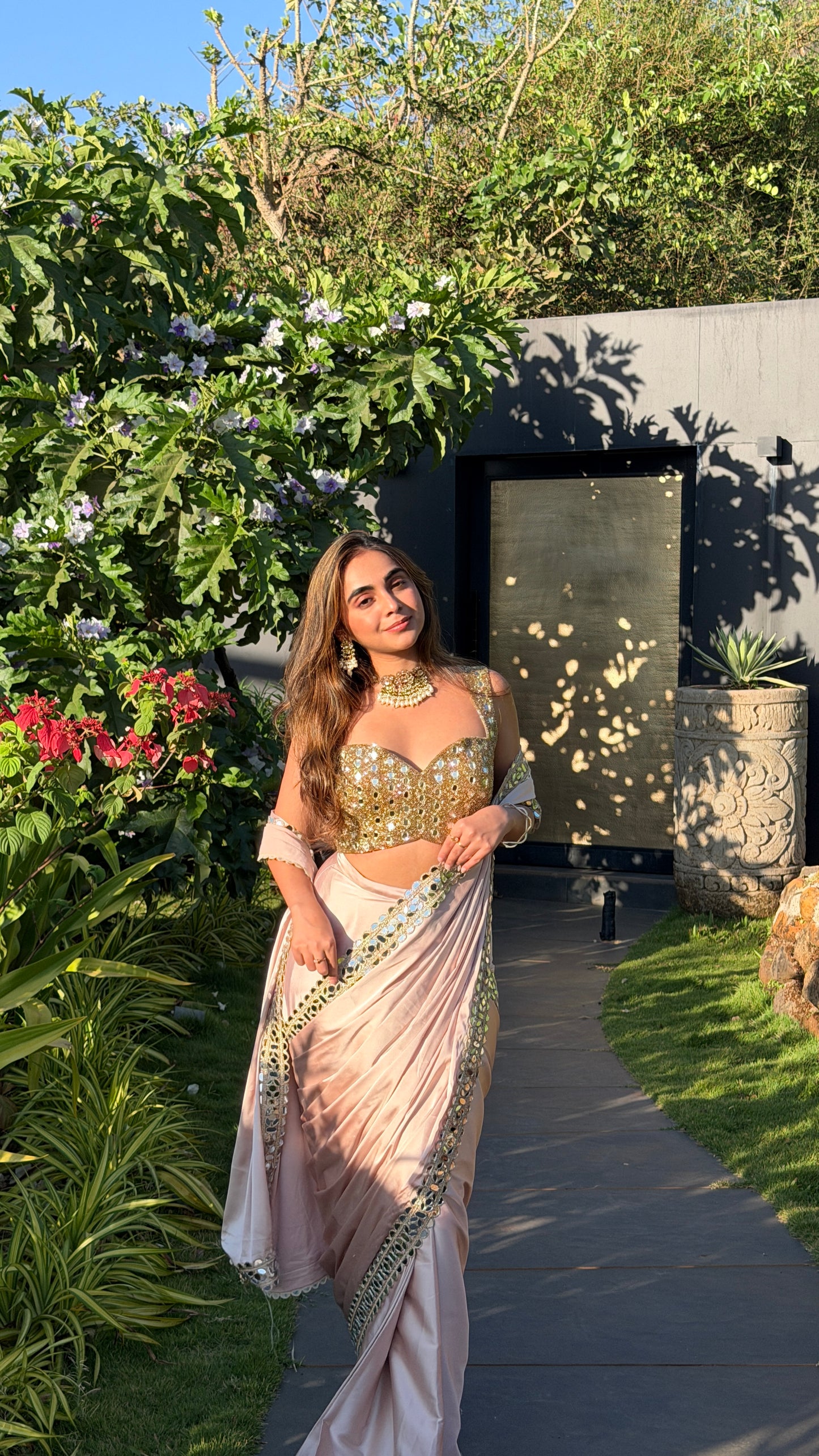 Beige Pink mirror work saree and blouse