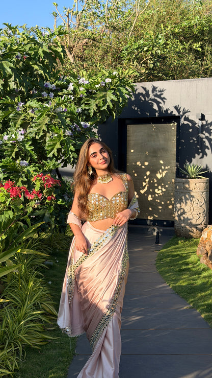 Beige Pink mirror work saree and blouse