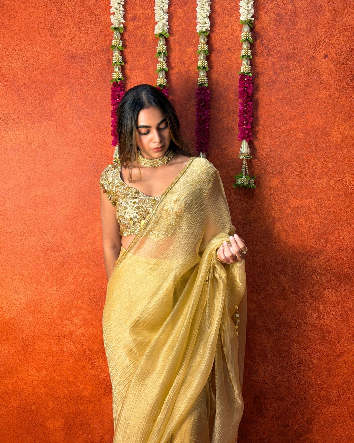 Gold tissue coins and ghungroo saree and blouse
