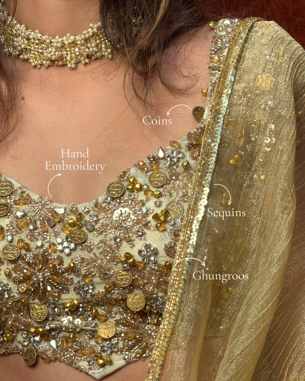 Gold tissue coins and ghungroo saree and blouse