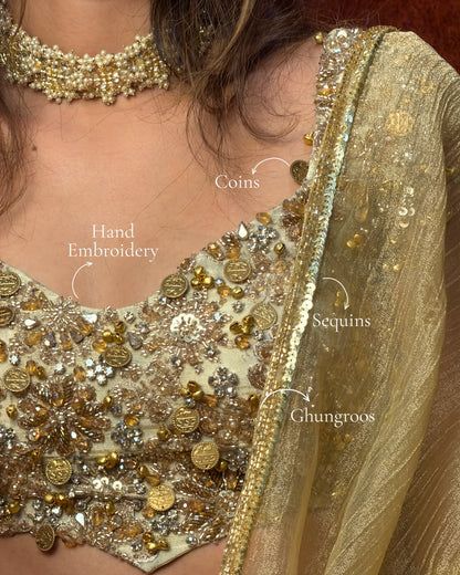 Gold tissue coins and ghungroo saree and blouse
