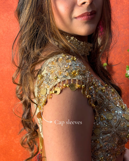 Gold tissue coins and ghungroo saree and blouse