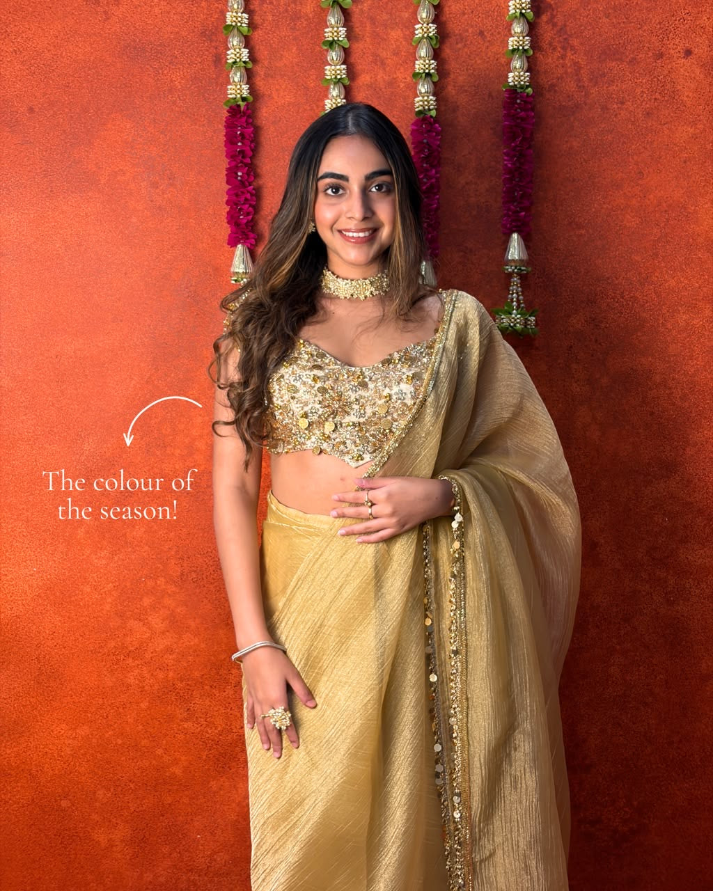 Gold tissue coins and ghungroo saree and blouse