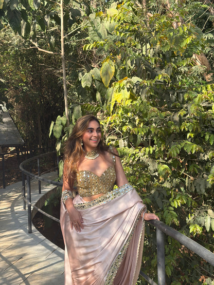 Beige Pink mirror work saree and blouse