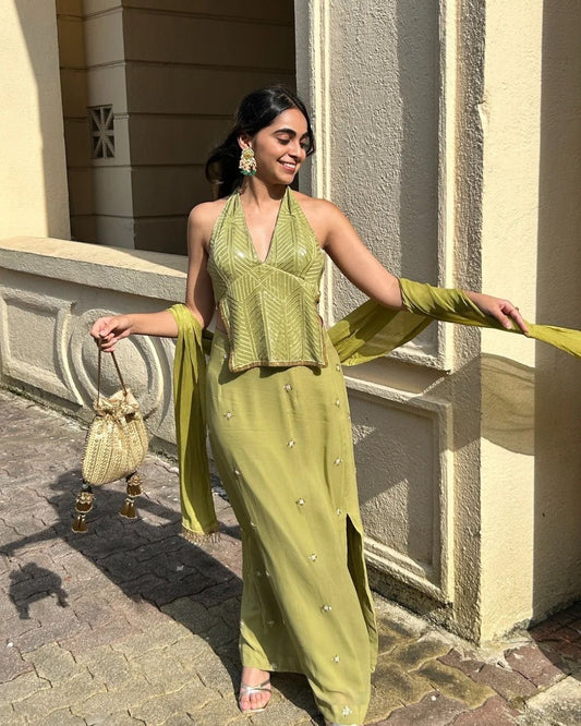 Green halter Lehenga