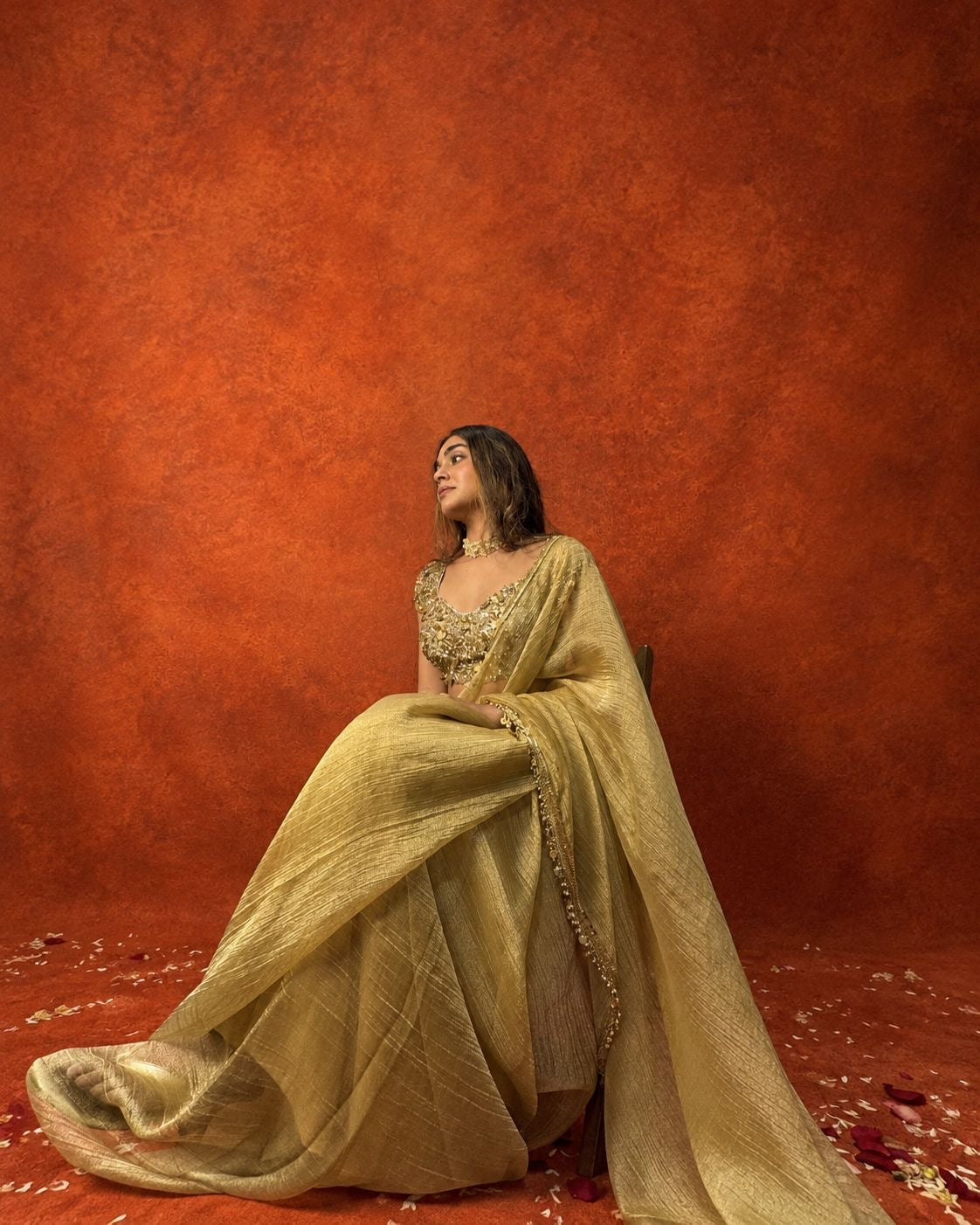Gold tissue coins and ghungroo saree and blouse