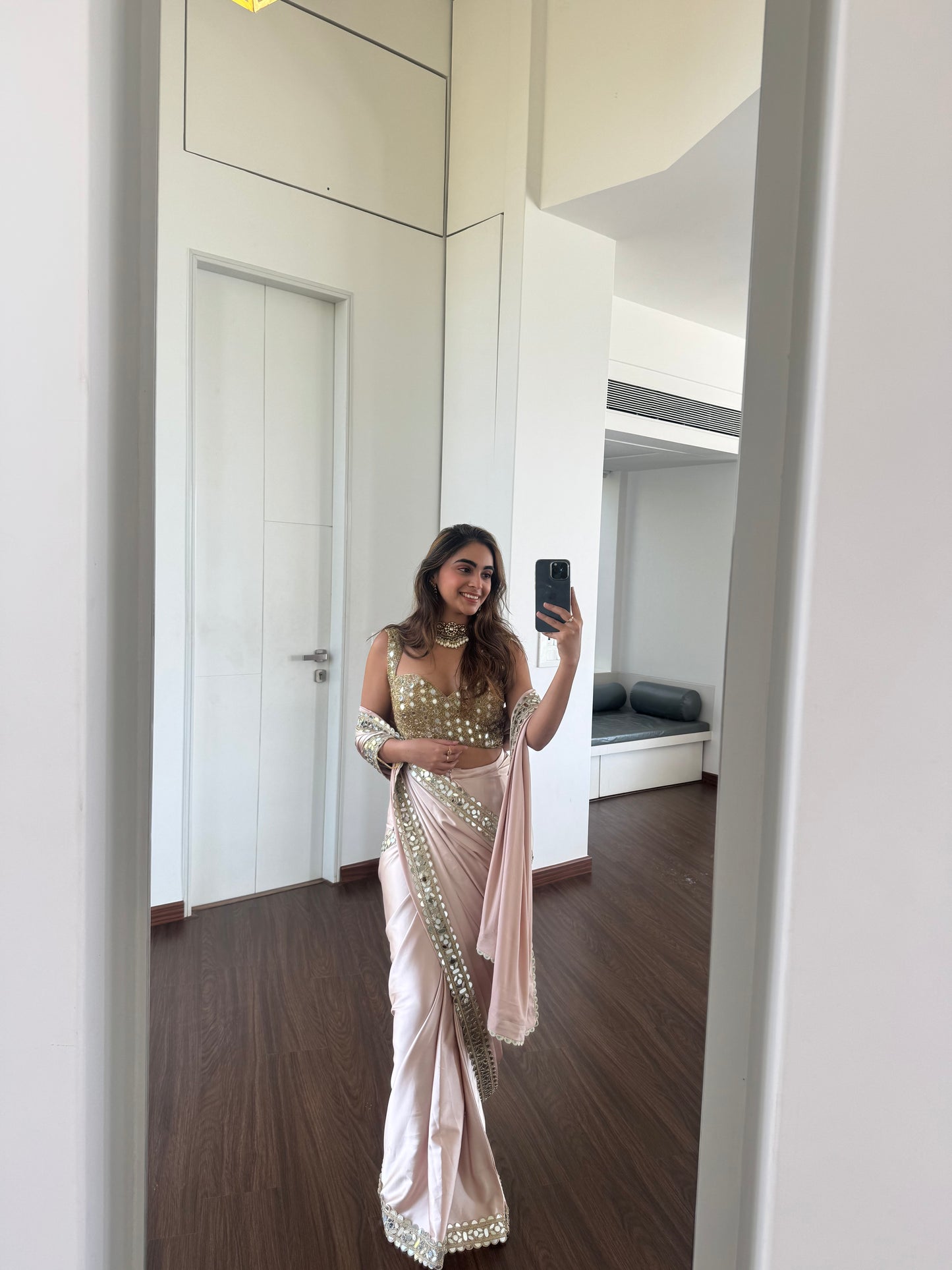 Beige Pink mirror work saree and blouse